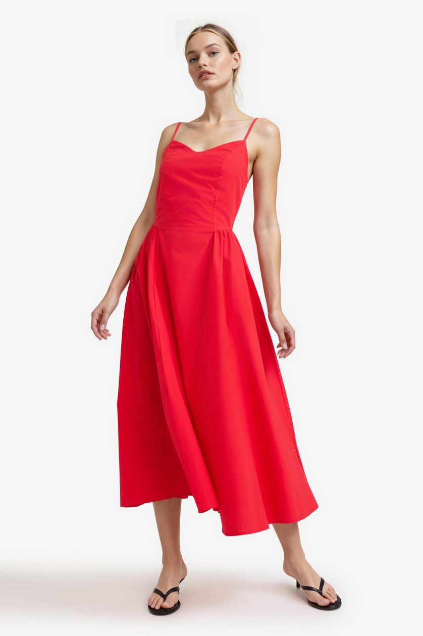 FEMME Rouge Robe mi-longue en popeline à bretelles et col en V
