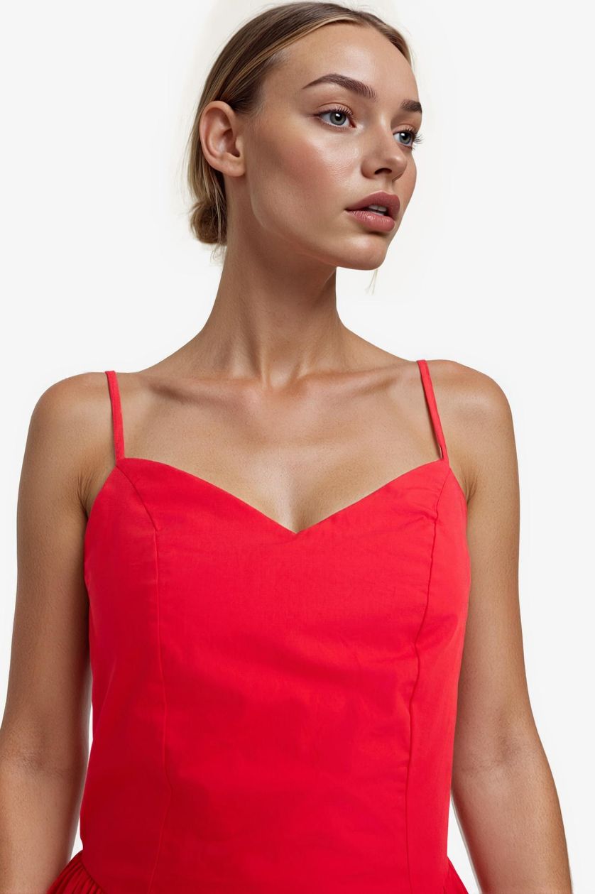 FEMME Rouge Robe mi-longue en popeline à bretelles et col en V