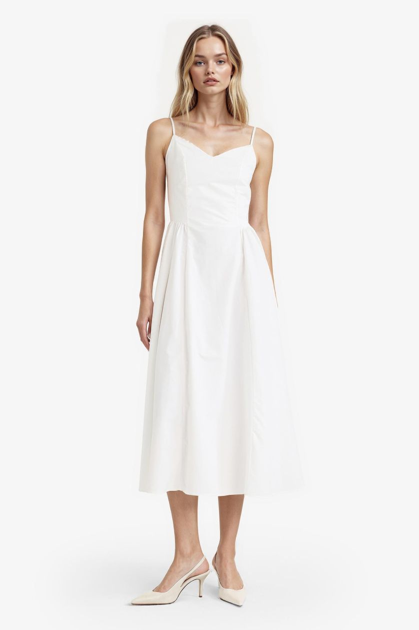 Kadın Kırık Beyaz V Yaka Poplin Askılı Midi Elbise