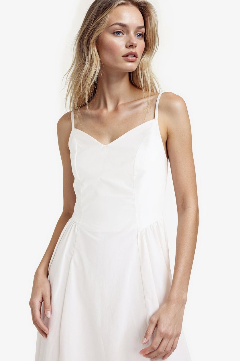 Kadın Kırık Beyaz V Yaka Poplin Askılı Midi Elbise