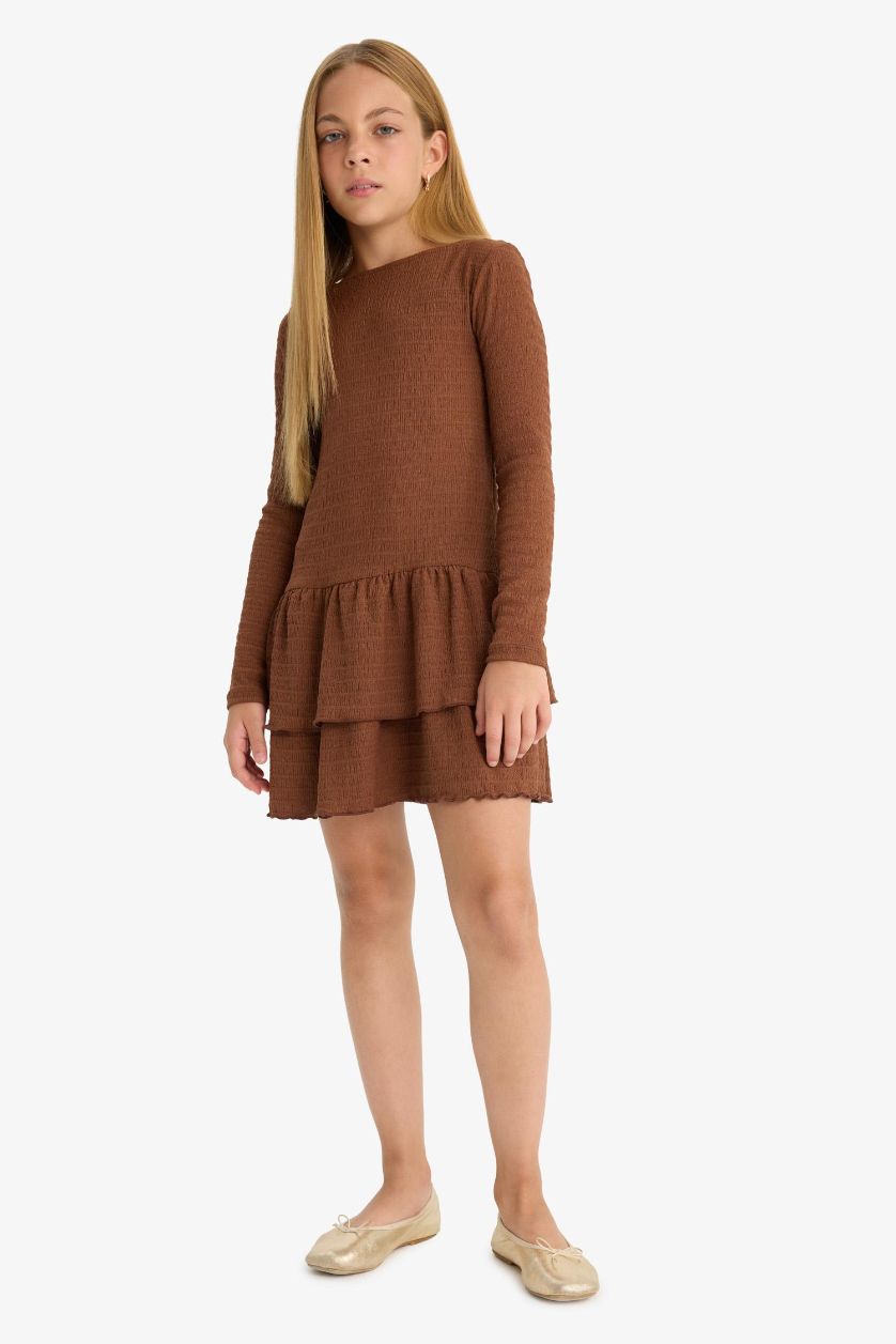 Kız Çocuk - Genç Kız Kahve Bisiklet Yaka Uzun Kollu Elbise Kız Çocuk