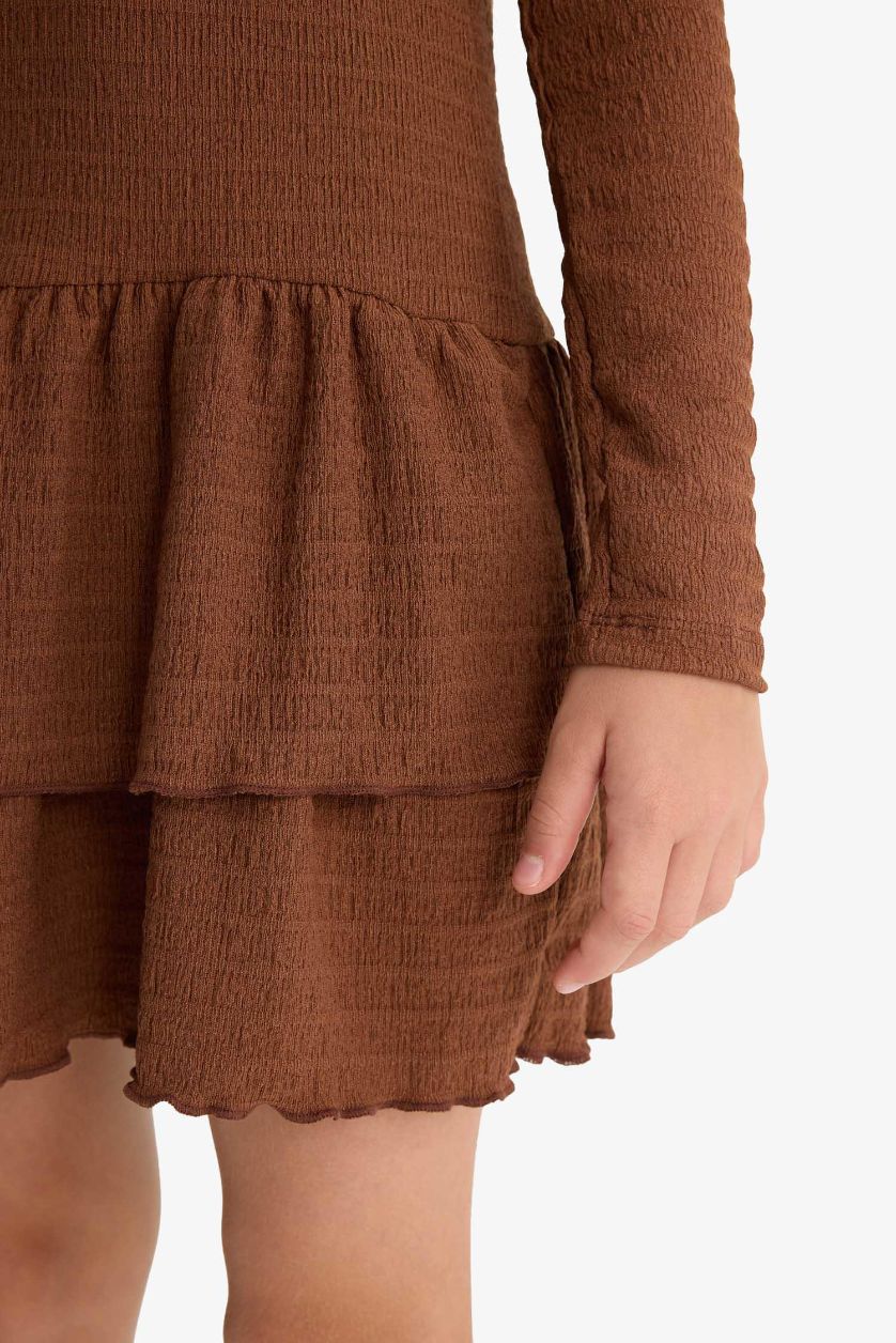 Kız Çocuk - Genç Kız Kahve Bisiklet Yaka Uzun Kollu Elbise Kız Çocuk