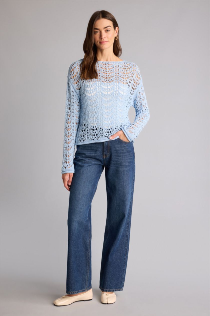 نساء أزرق فاتح بلوز تريكو قصة عادية بياقة قارب