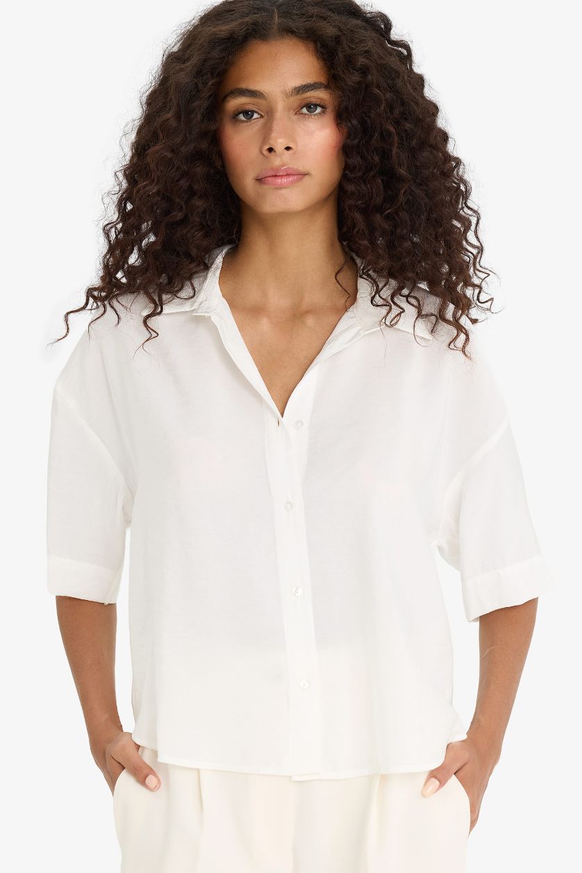 Kadın Ekru Loose Fit Modal Kısa Kollu Gömlek