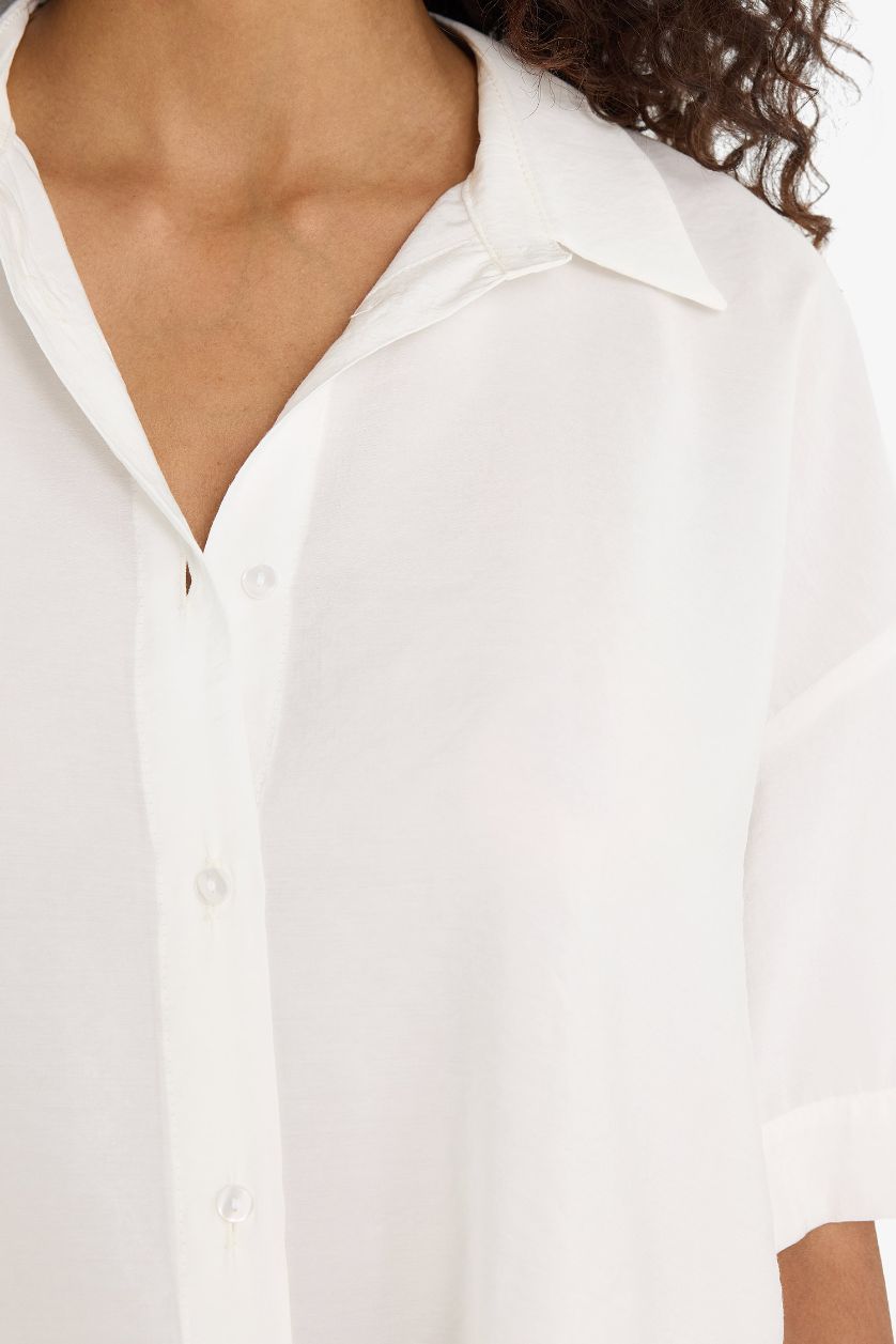 Kadın Ekru Loose Fit Modal Kısa Kollu Gömlek