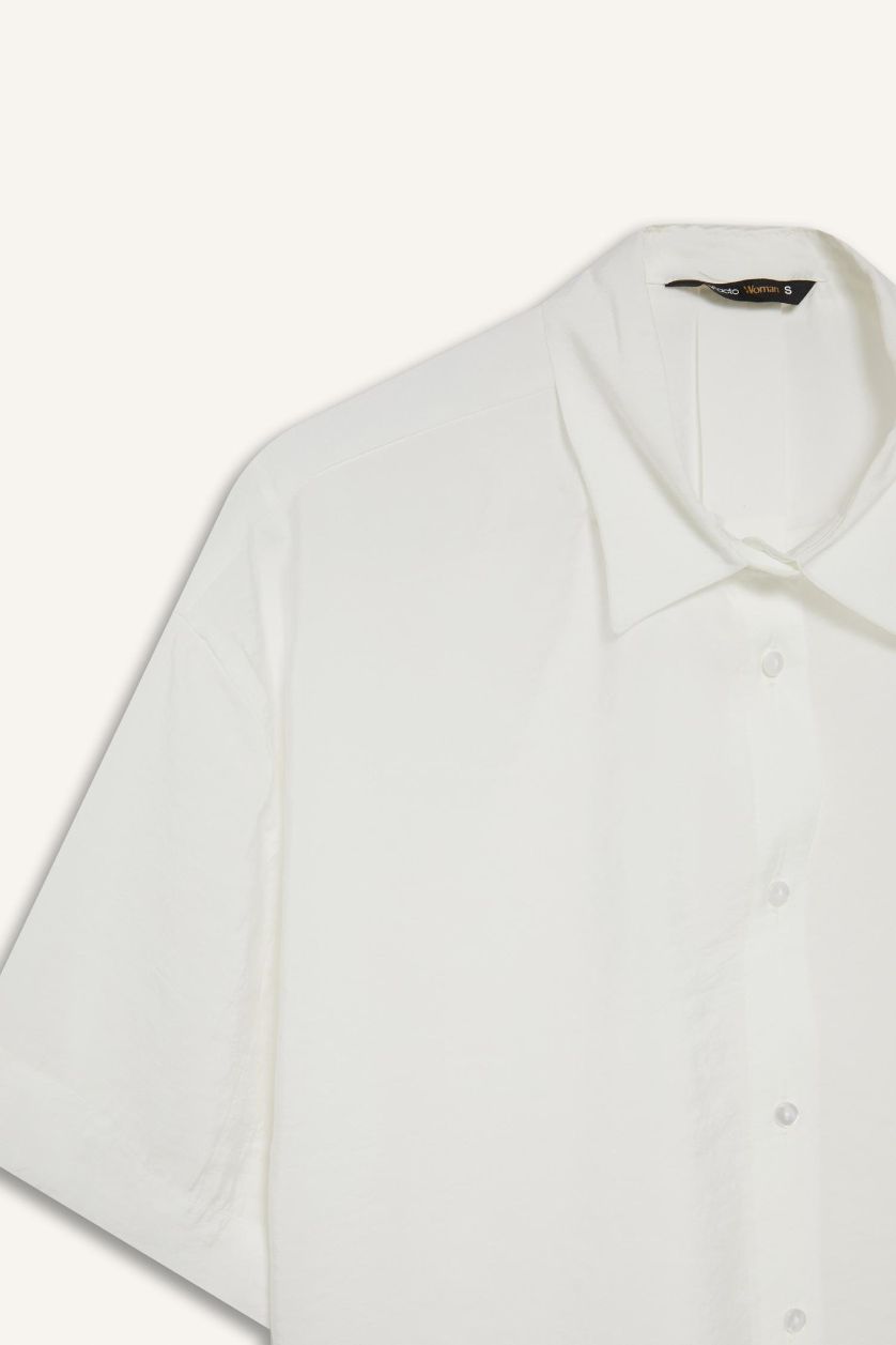 Kadın Ekru Loose Fit Modal Kısa Kollu Gömlek