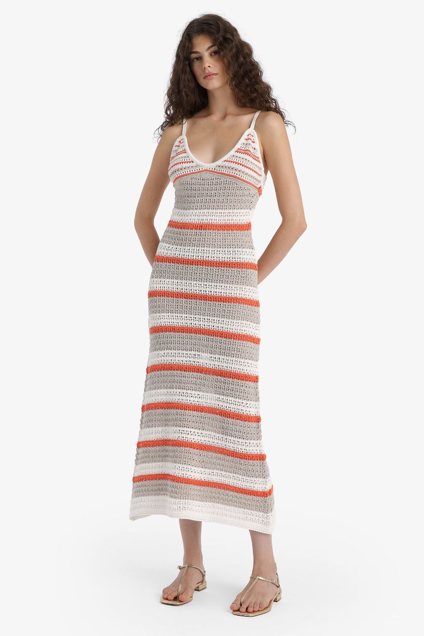 Woman Orange Slim Fit Patterned V Neck Crochet Sleeveless Knit Maxi Dress