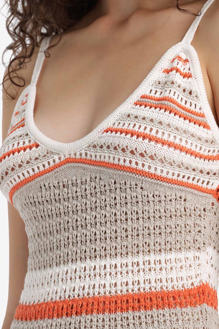 Woman Orange Slim Fit Patterned V Neck Crochet Sleeveless Knit Maxi Dress