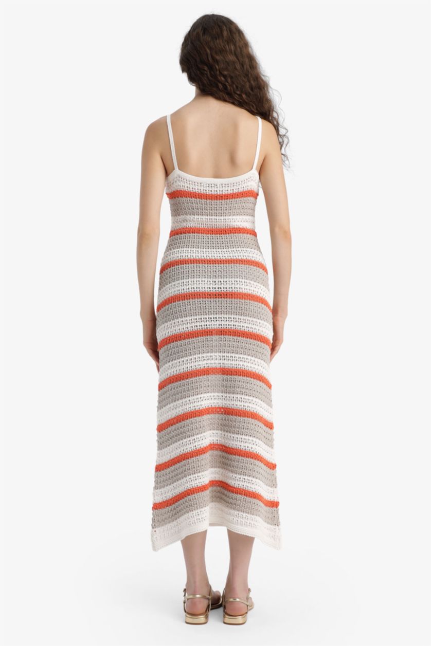 Woman Orange Slim Fit Patterned V Neck Crochet Sleeveless Knit Maxi Dress