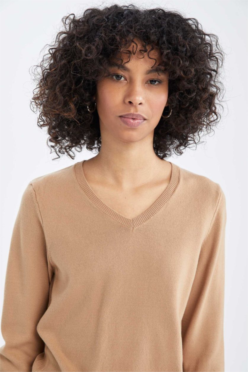 WOMAN Camel Regular Fit V-Neck Pullover