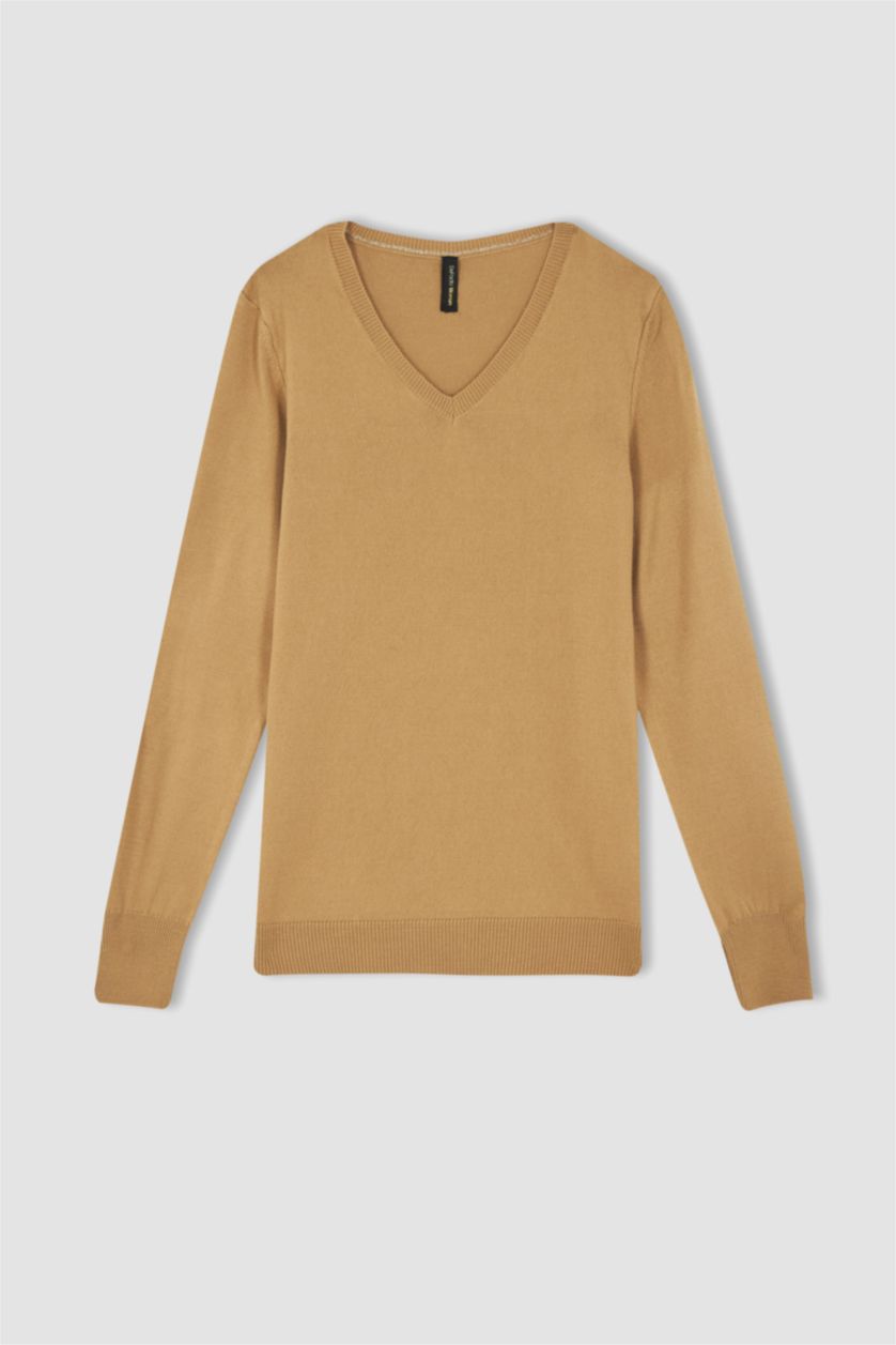 WOMAN Camel Regular Fit V-Neck Pullover