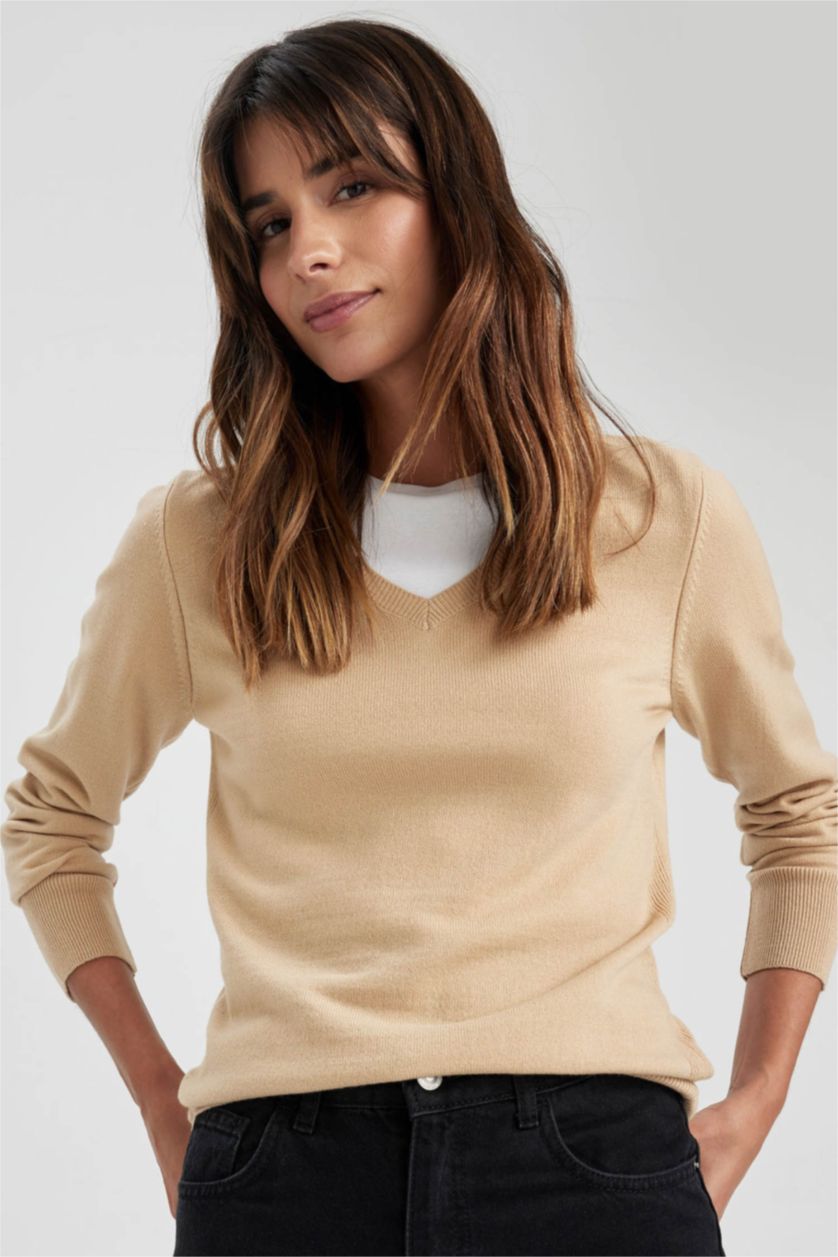 FEMME Beige Pull-Over Coupe Régulière Col En V