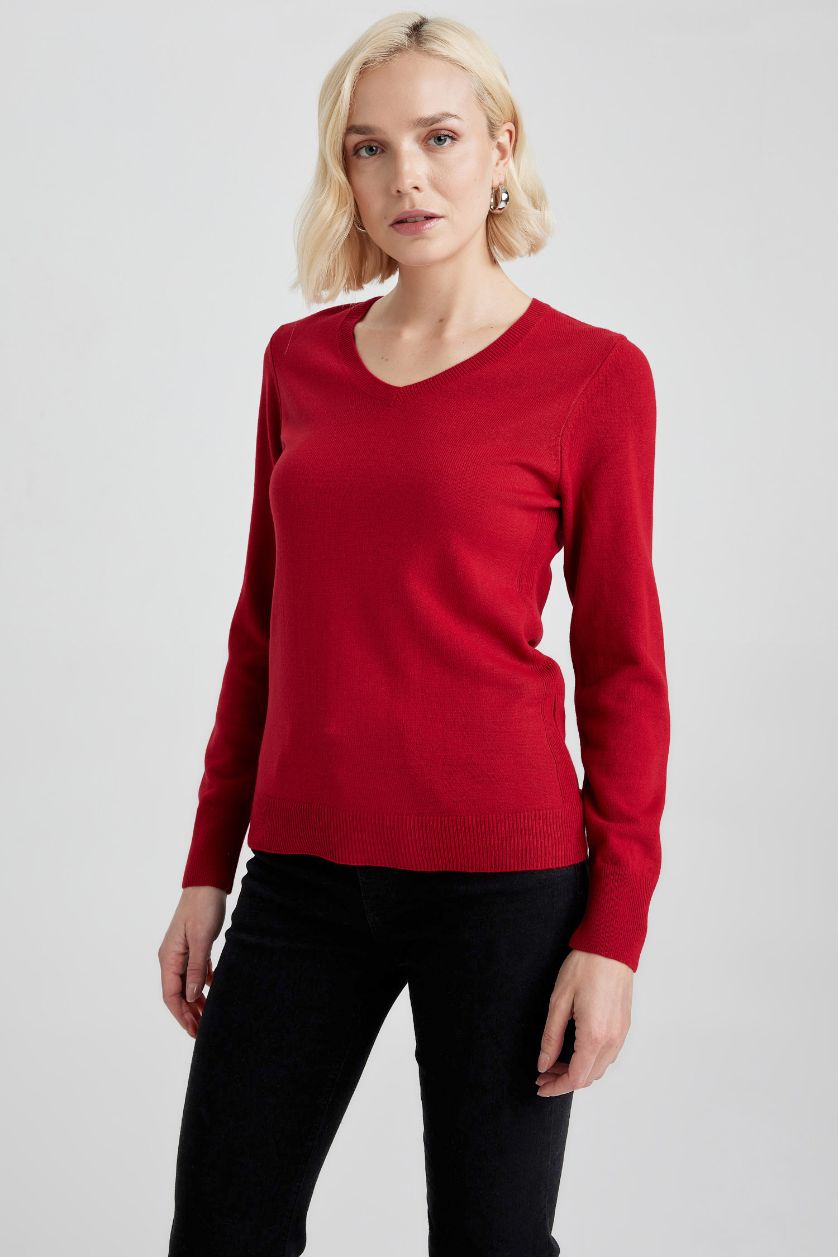 WOMAN Red Regular Fit V-Neck Pullover