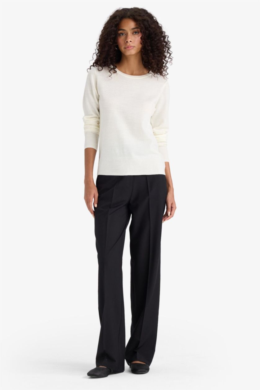 WOMAN Ecru Regular Fit Soft Textured Crew Neck Basic Knitted Pullover