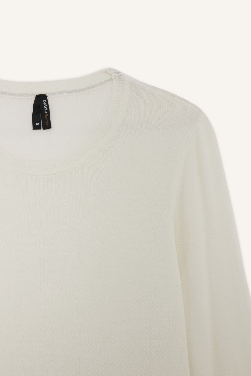 Kadın Ekru Regular Fit Yumuşak Dokulu Bisiklet Yaka Basic Düz Triko Kazak