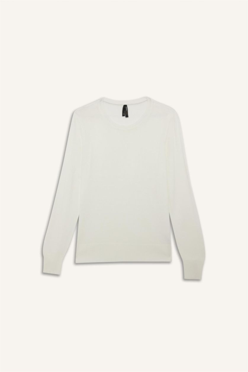 WOMAN Ecru Regular Fit Soft Textured Crew Neck Basic Knitted Pullover