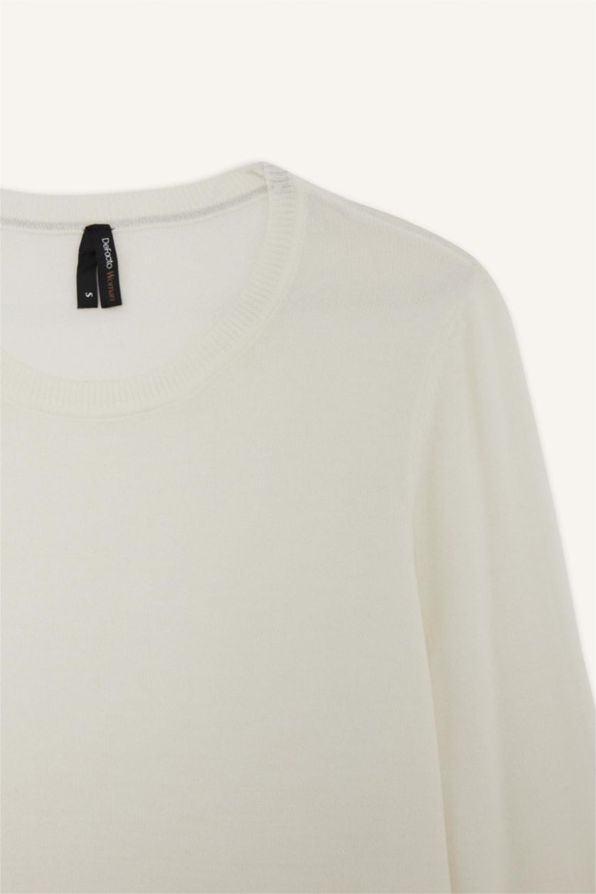 WOMAN Ecru Regular Fit Soft Textured Crew Neck Basic Knitted Pullover