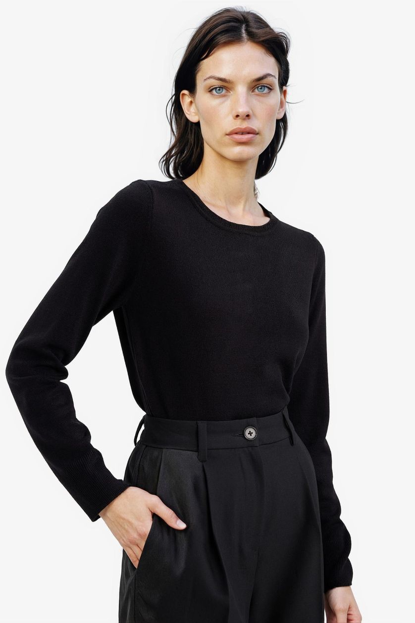 Kadın Siyah Regular Fit Bisiklet Yaka Triko Kazak