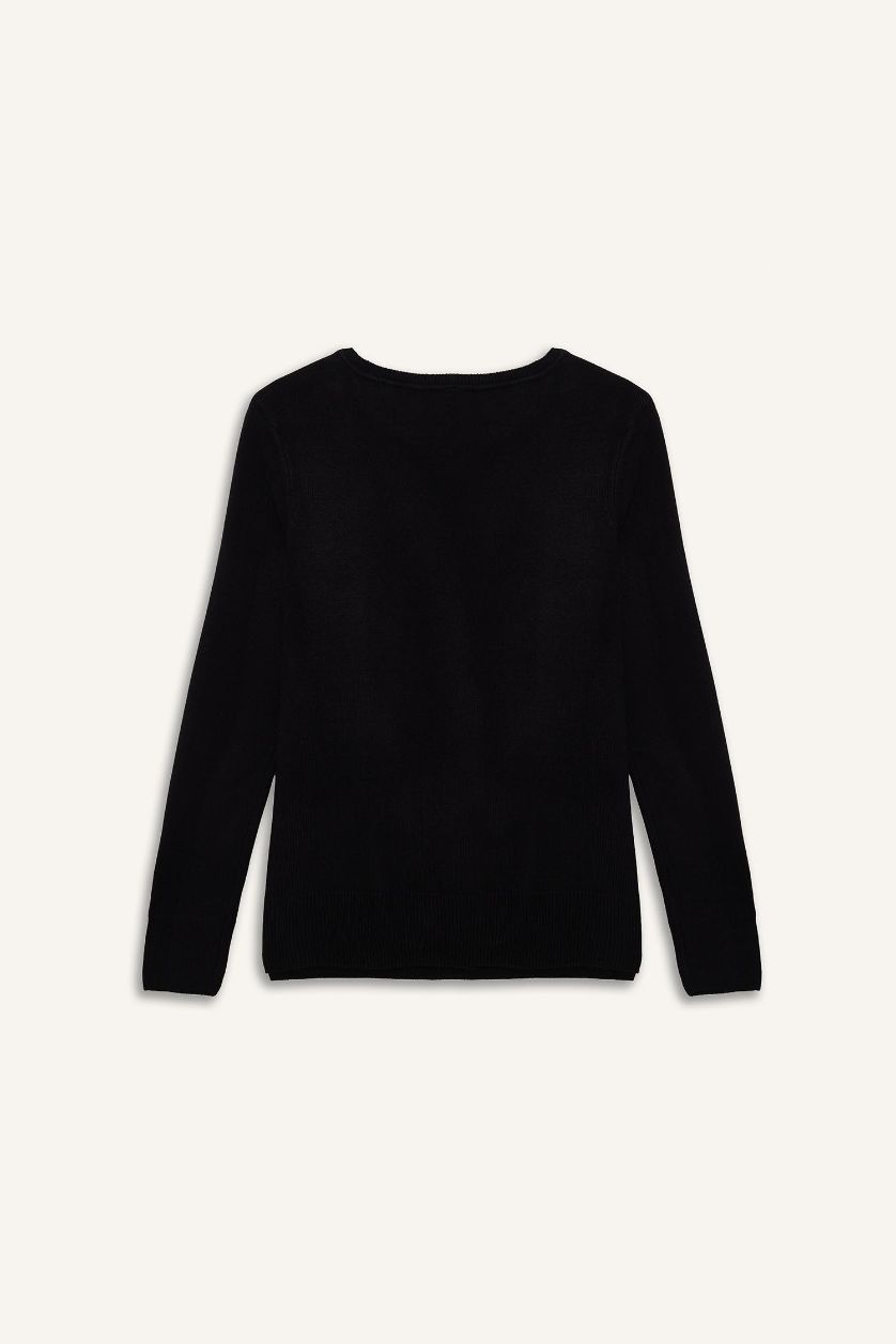 Kadın Siyah Regular Fit Bisiklet Yaka Triko Kazak