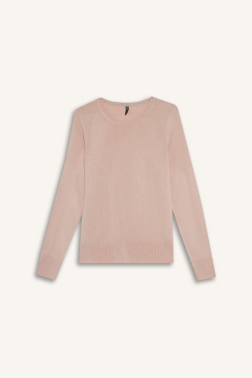 حريمي زهري فاتح بلوفر تريكو قصة عادية برقبة دائرية