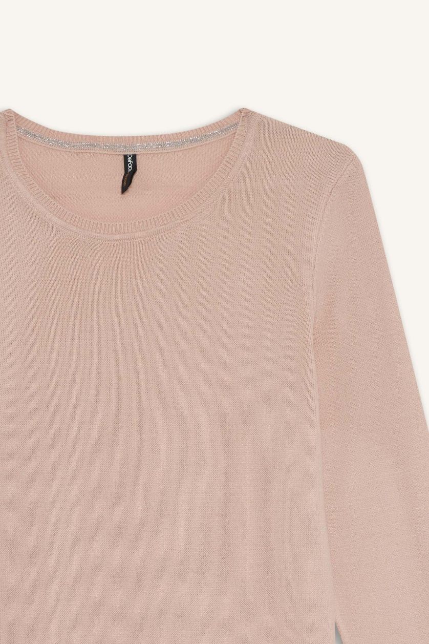 حريمي زهري فاتح بلوفر تريكو قصة عادية برقبة دائرية