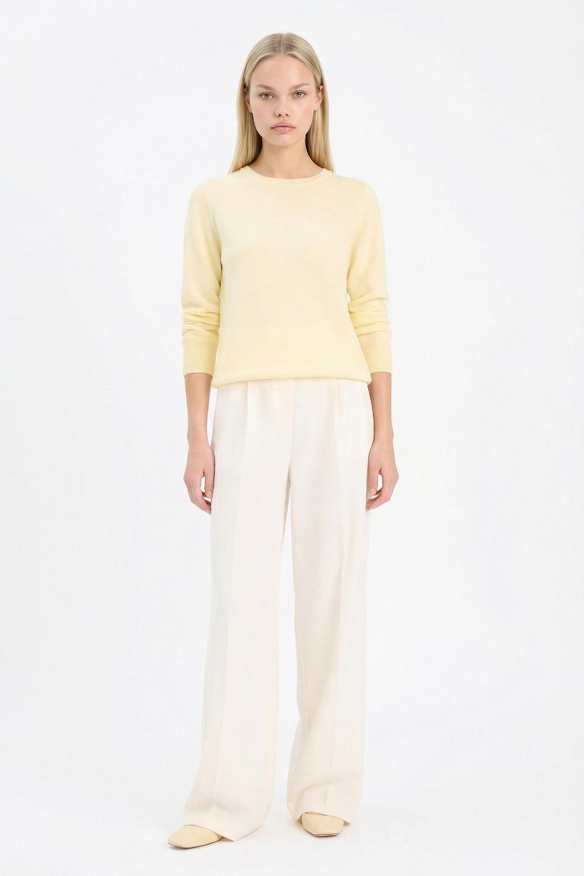 Kadın Açık Sarı Regular Fit Bisiklet Yaka Triko Kazak