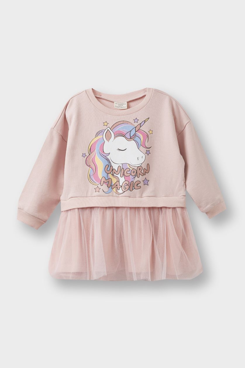 Baby Girl Lilac Baby Girl Unicorn Printed Long Sleeve Tulle Dress