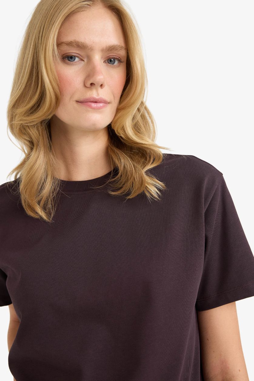 نساء بني Regular Fit Crew Neck Basic Premium T-Shirt