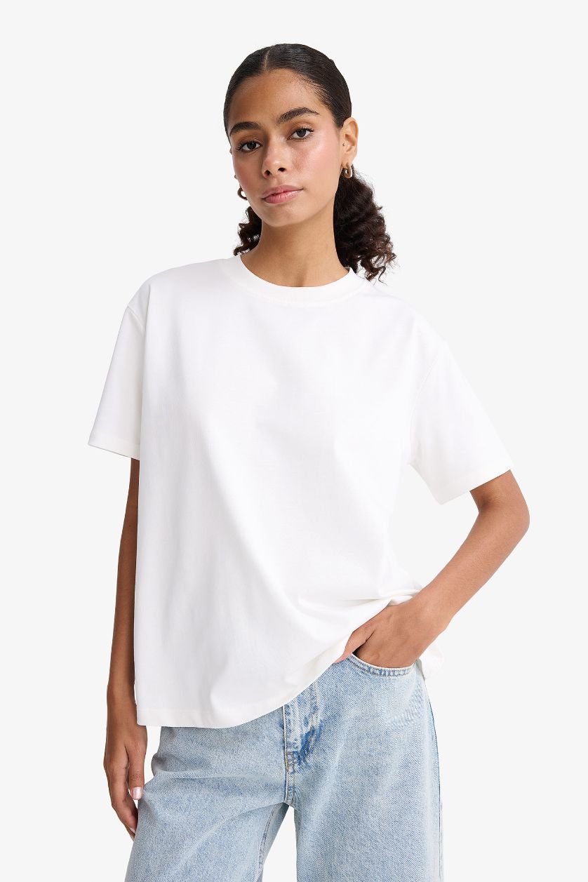 FEMME Écru T-shirt basique à col rond et manches courtes