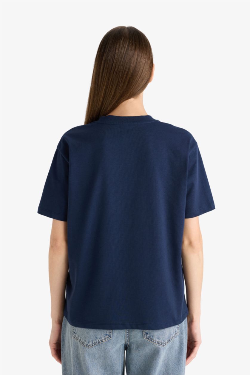 حريمي كحلي تيشيرت بيزك بريميوم نص كم قصة عادية برقبة مستديرة