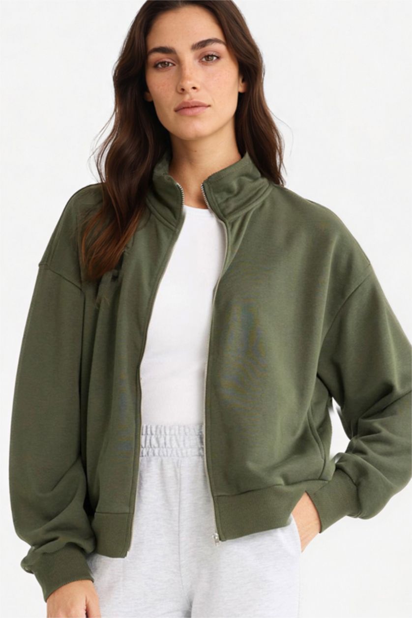 FEMME Kaki Foncé Cardigan zippé basique Coupe régulière