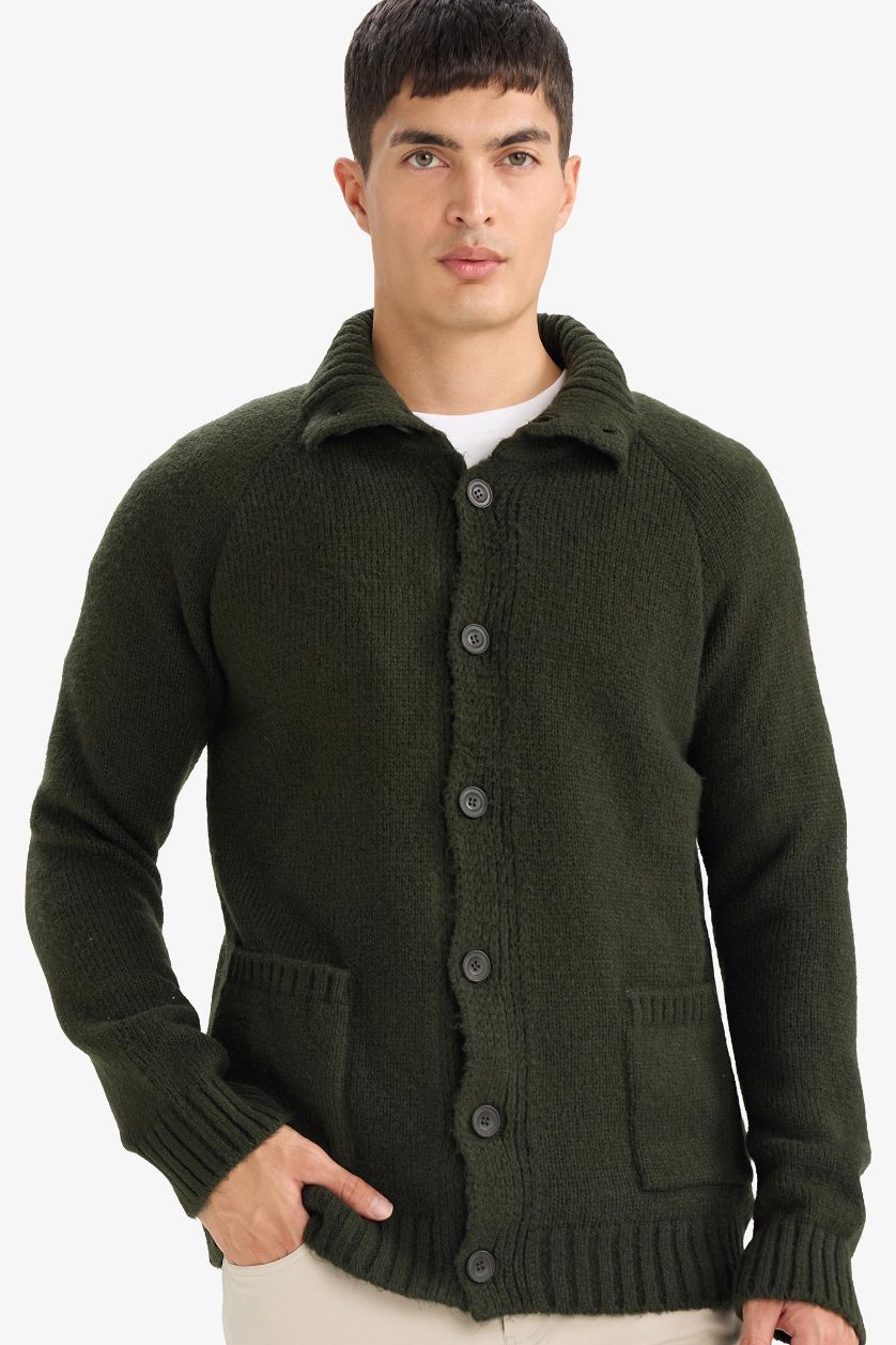 MAN Dark Khaki Standard Fit Half Turtleneck Knitwear Cardigan