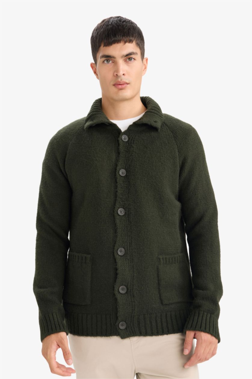 MAN Dark Khaki Standard Fit Half Turtleneck Knitwear Cardigan