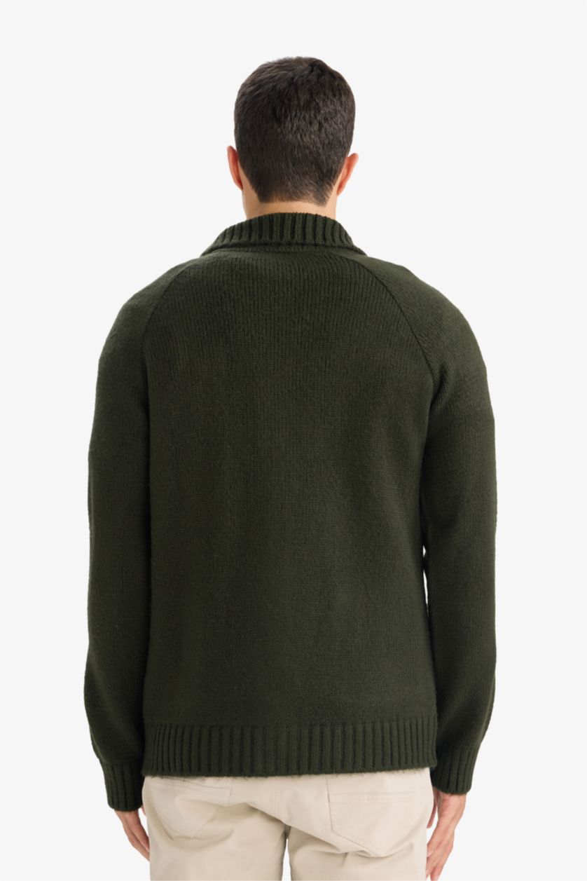 MAN Dark Khaki Standard Fit Half Turtleneck Knitwear Cardigan