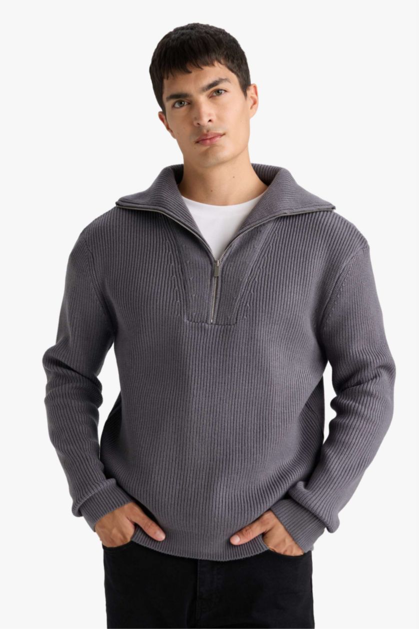 Мужчины Серый Трикотажный свитер на молнии