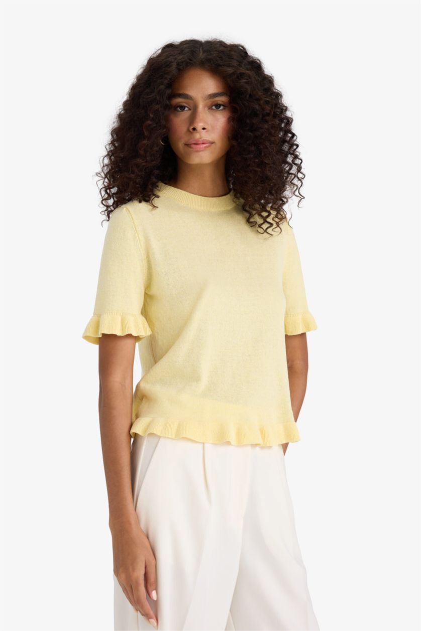 Kadın Açık Sarı Regular Fit Bisiklet Yaka Kısa Kollu Triko Kazak