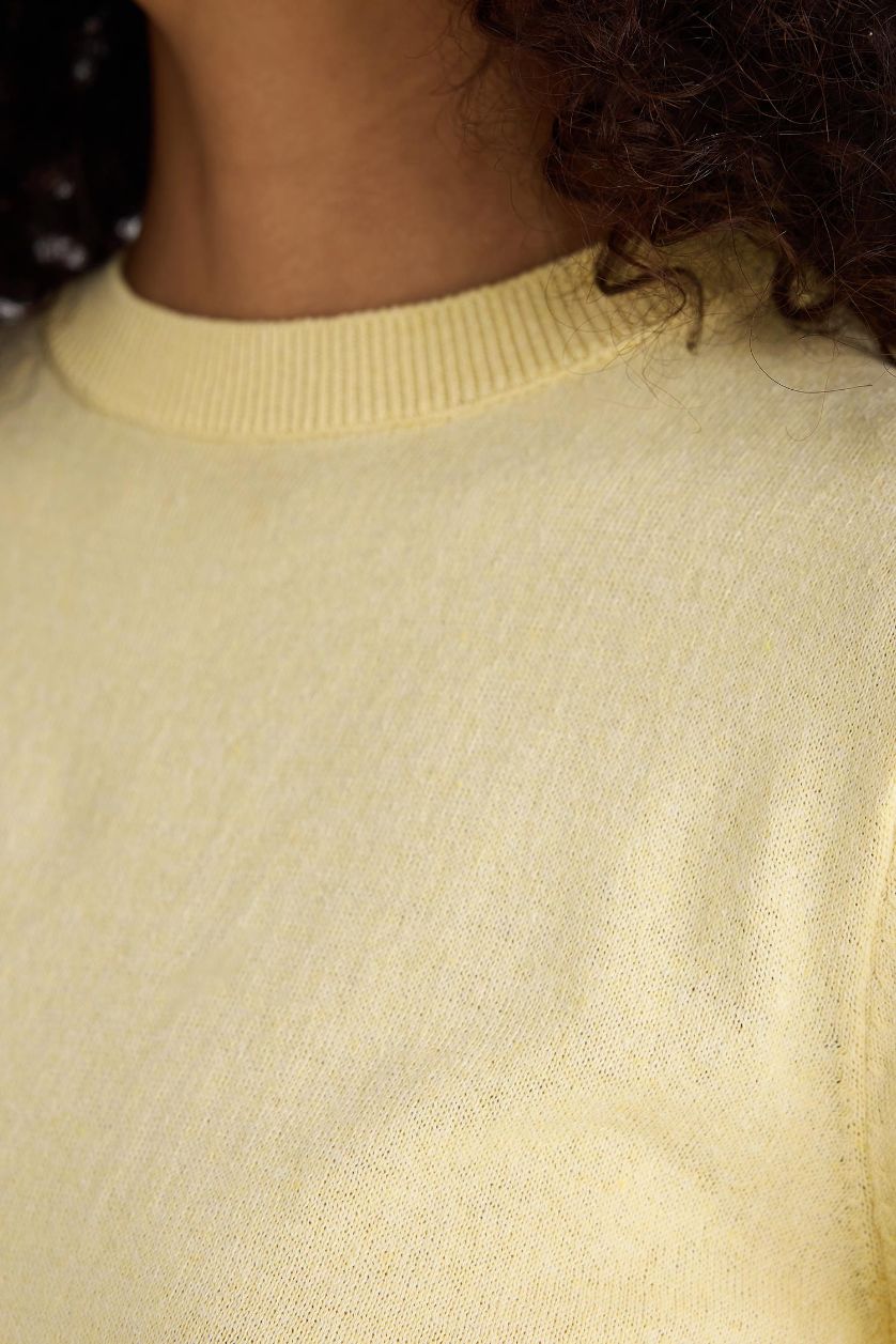 Kadın Açık Sarı Regular Fit Bisiklet Yaka Kısa Kollu Triko Kazak