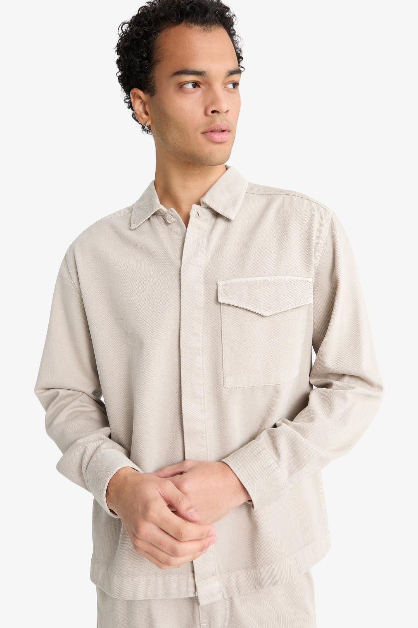 Man Grey Boxy Fit Polo Neck Twill Long Sleeve Shirt