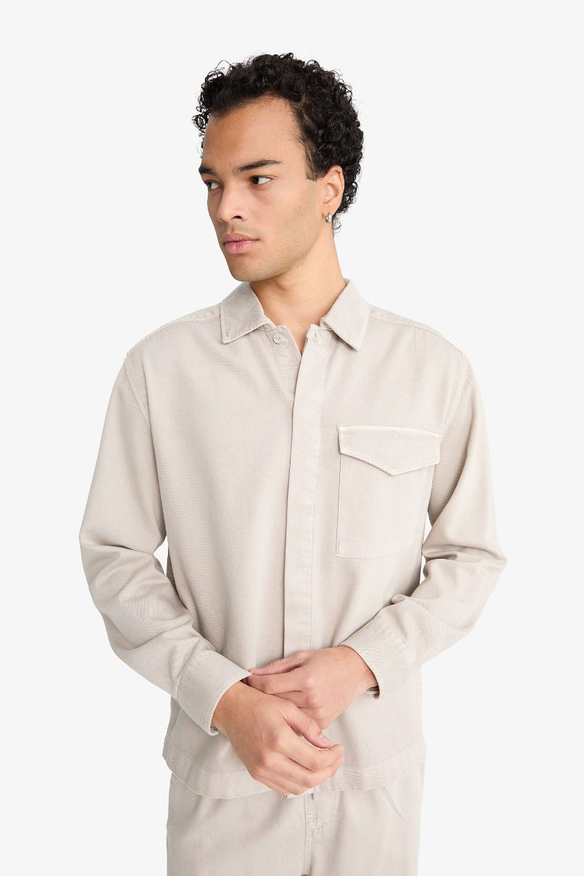 Man Grey Boxy Fit Polo Neck Twill Long Sleeve Shirt