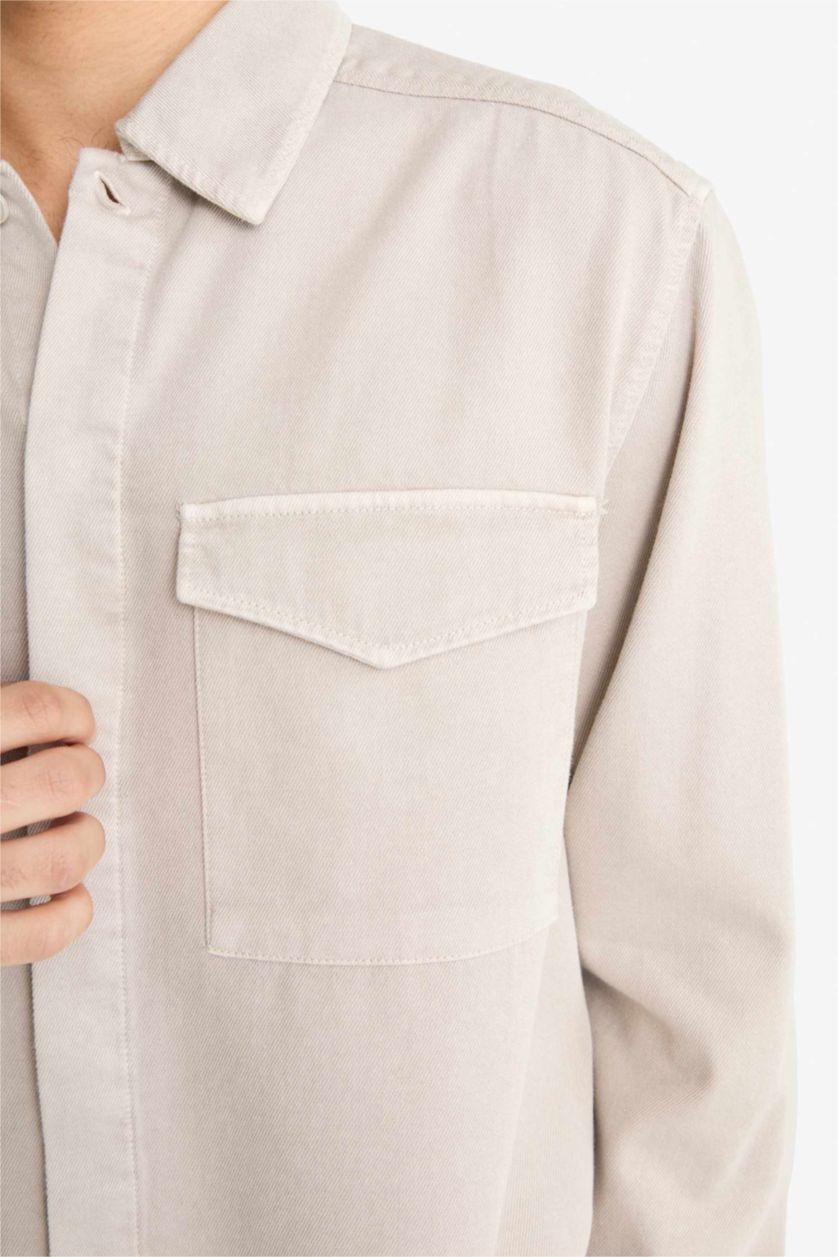 Man Grey Boxy Fit Polo Neck Twill Long Sleeve Shirt