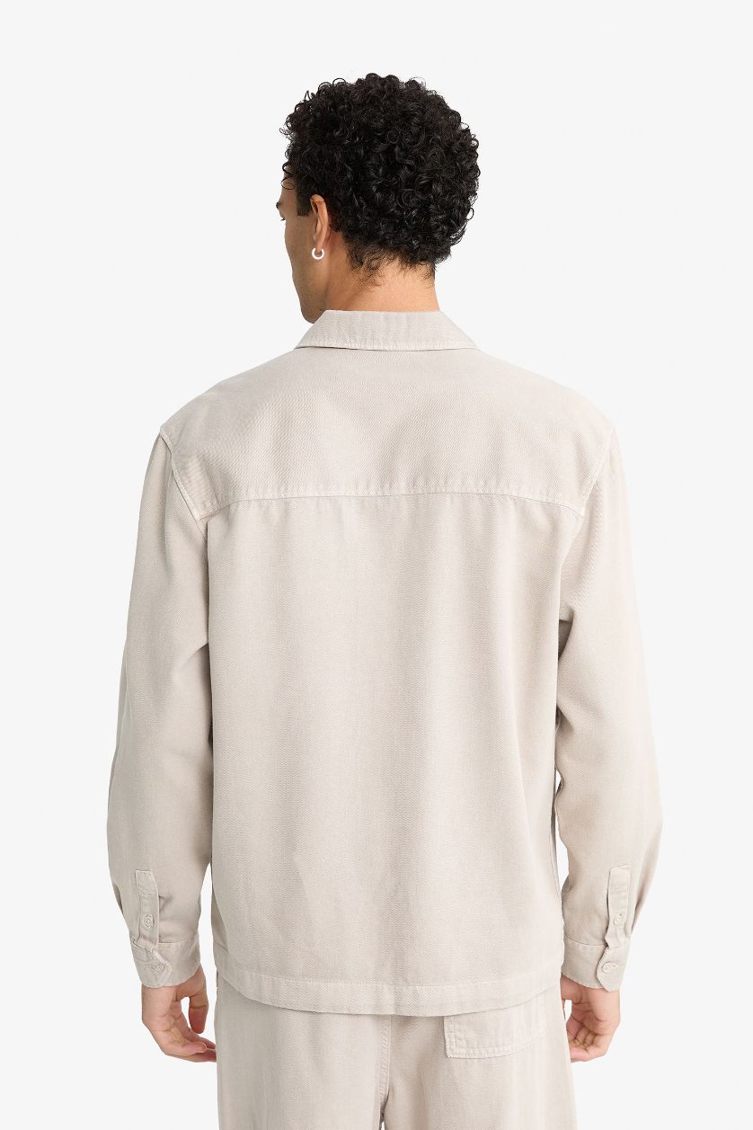 Man Grey Boxy Fit Polo Neck Twill Long Sleeve Shirt