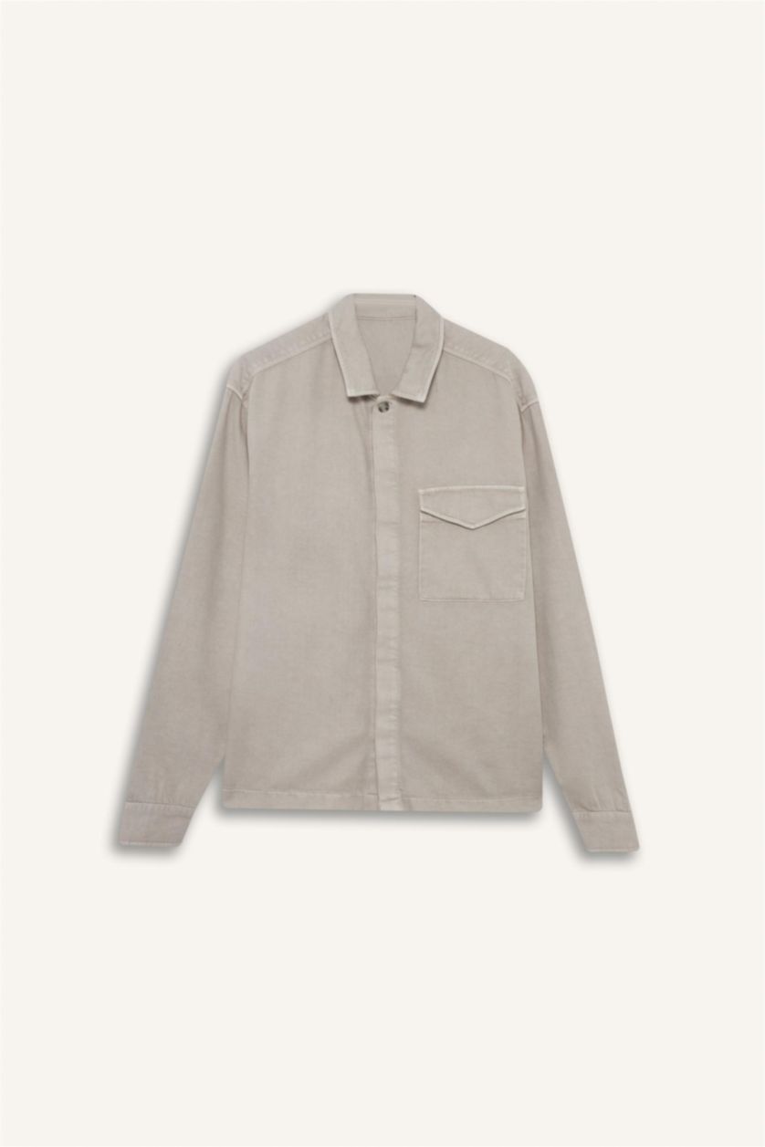 Man Grey Boxy Fit Polo Neck Twill Long Sleeve Shirt