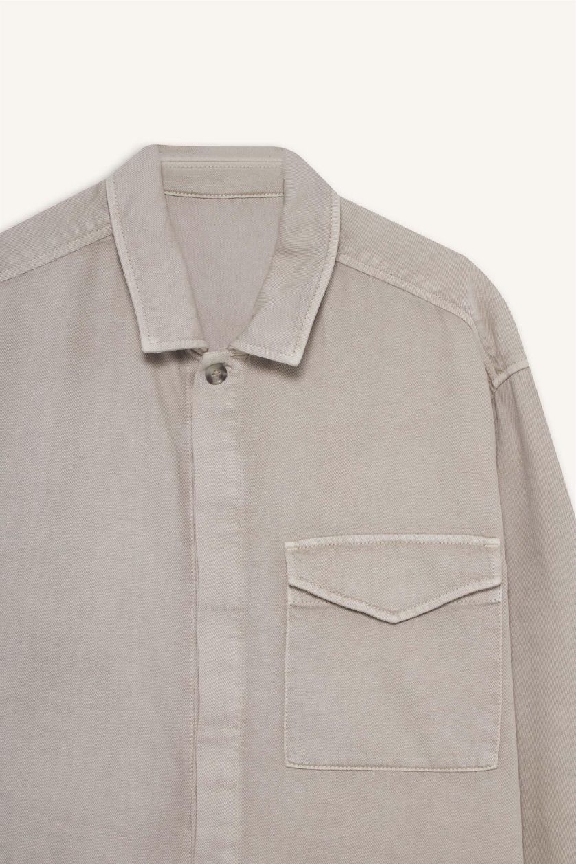 Man Grey Boxy Fit Polo Neck Twill Long Sleeve Shirt