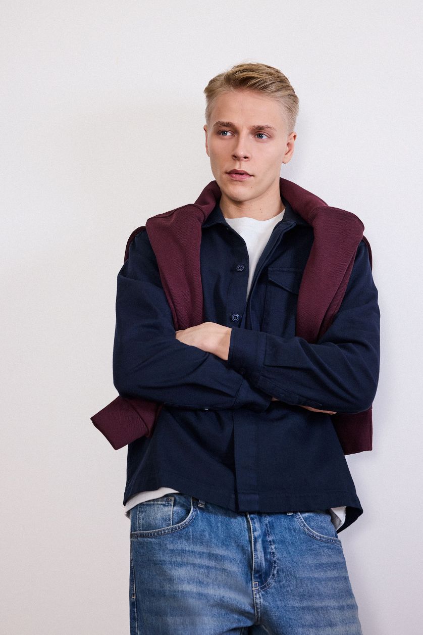 MAN NAVY Boxy Fit Polo Neck Twill Long Sleeve Shirt