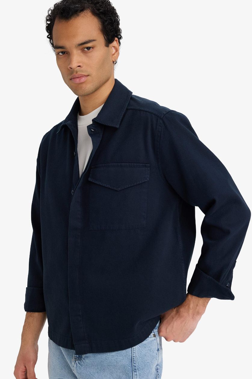 MAN NAVY Boxy Fit Polo Neck Twill Long Sleeve Shirt