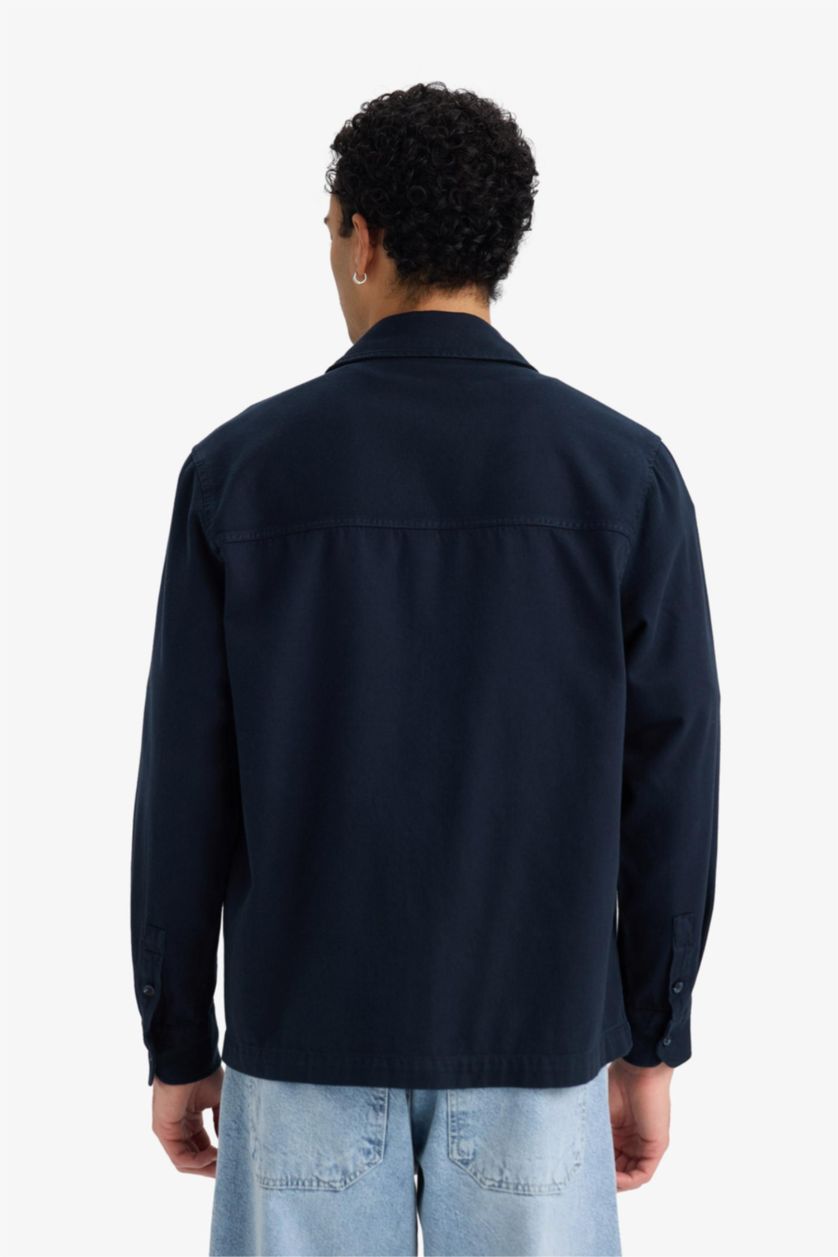 MAN NAVY Boxy Fit Polo Neck Twill Long Sleeve Shirt