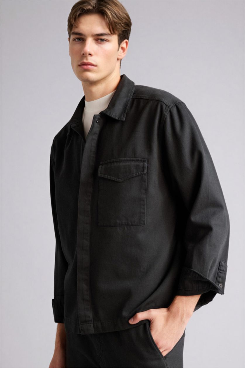 Man Anthracite Boxy Fit Long Sleeve Overshirt