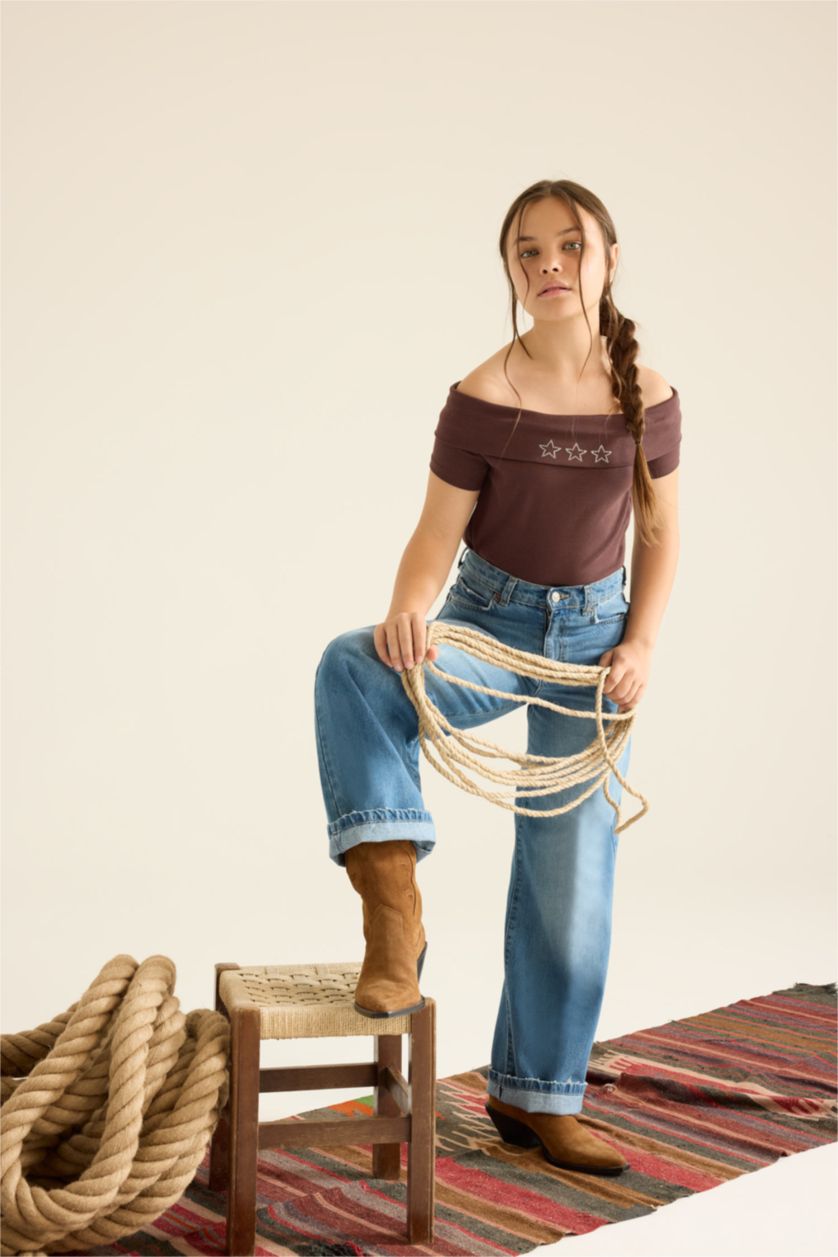 Girls & Teens Brown Girl Slim Fit Open Shoulder Star Patterned Ribbed T-Shirt