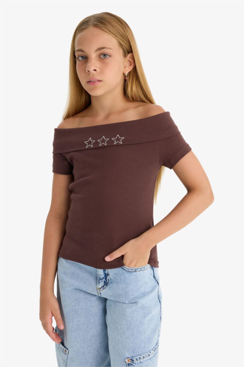 Girls & Teens Brown Girl Slim Fit Open Shoulder Star Patterned Ribbed T-Shirt