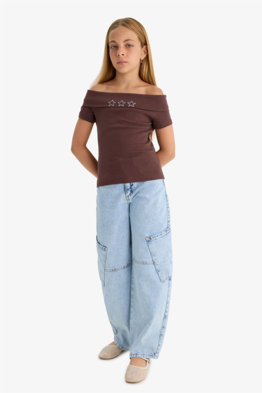 Girls & Teens Brown Girl Slim Fit Open Shoulder Star Patterned Ribbed T-Shirt